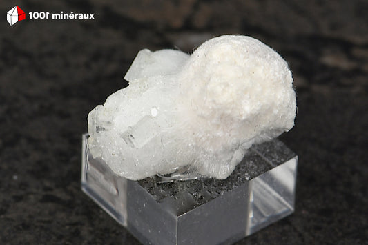 Okénite et Apophyllite d'Inde - Vue d'ensemble, agrégat cotonneux et cristaux - 6 g