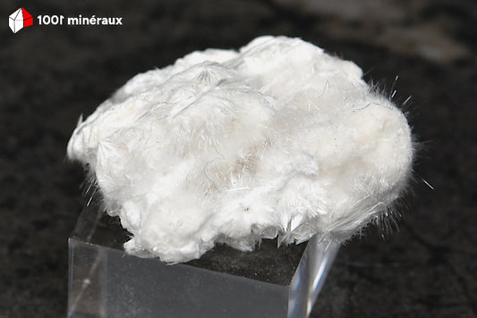 Okénite d'Inde - Vue d'ensemble, fibres blanches soyeuses sur socle - 6 g