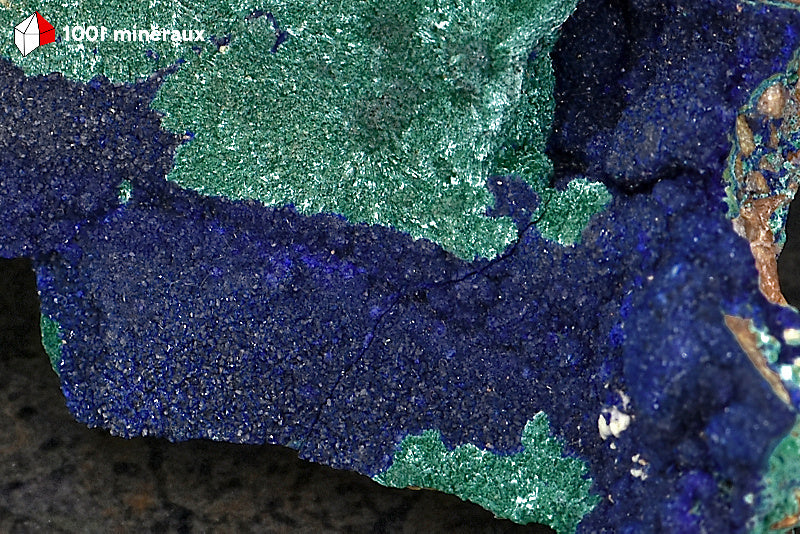 Azurite du Maroc - Détail des cristaux bleu foncé et Malachite soyeuse chatoyante - 56 g