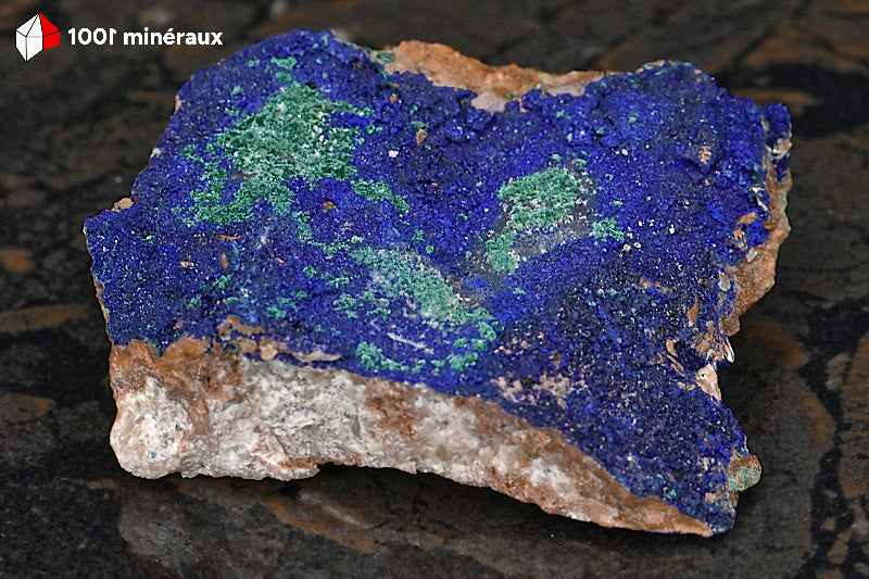 Azurite du Maroc - Croûte sur Quartz et Barytine de 137 g - AY903