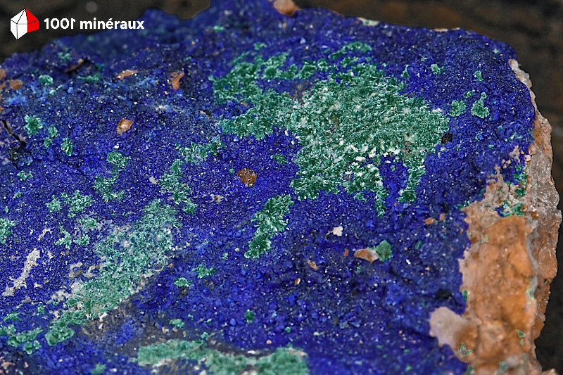 Azurite du Maroc - Détail des cristaux bleu foncé et inclusions de Malachite verte - 137 g