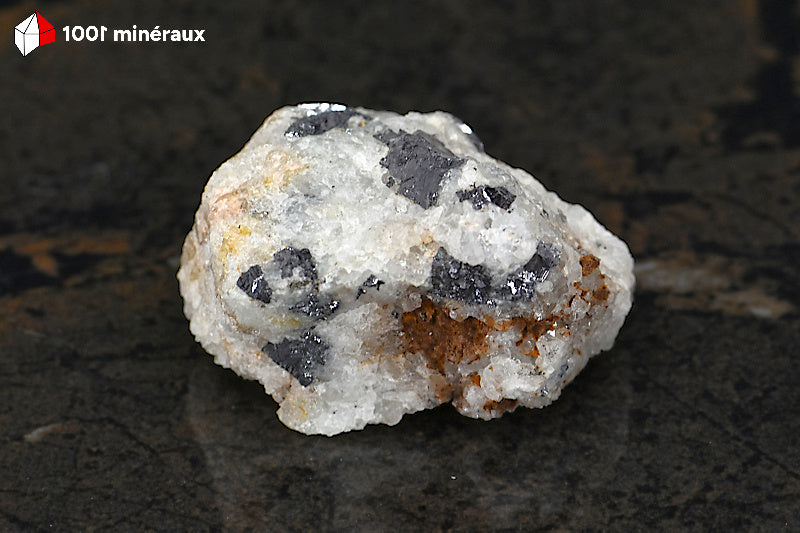 Galène sur Quartz blanc du Maroc - Vue d'ensemble, lustre métallique argenté - 79 g