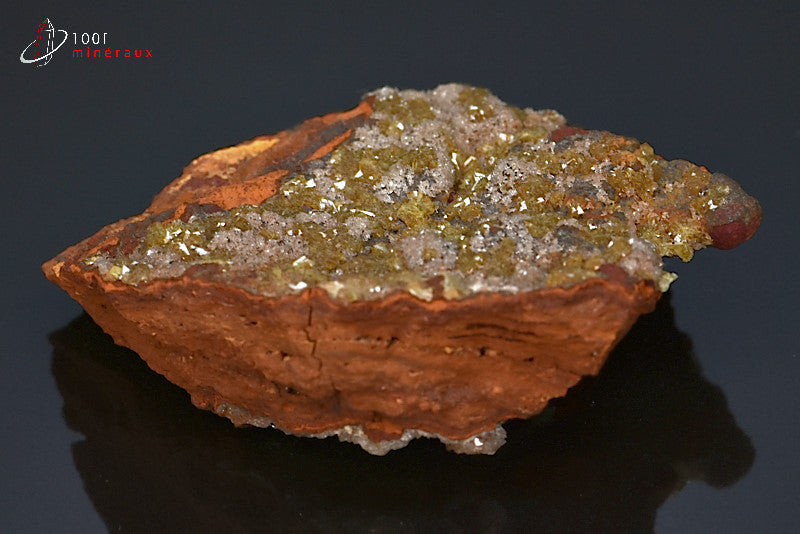 Minéral cristallisé d'adamite verte sur limonite du Mexique