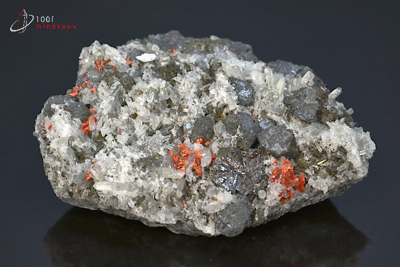 Minéral cristallisé de réalgar, galène et quartz du Pérou