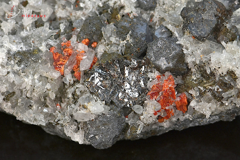 Minéral cristallisé de réalgar, galène et quartz du Pérou