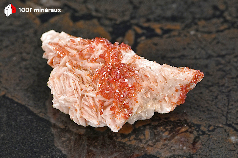 Vanadinite du Maroc - Vue d'ensemble de l'association Vanadinite et Barytine - 6,1 x 3,8 x 2,5 cm - BH248