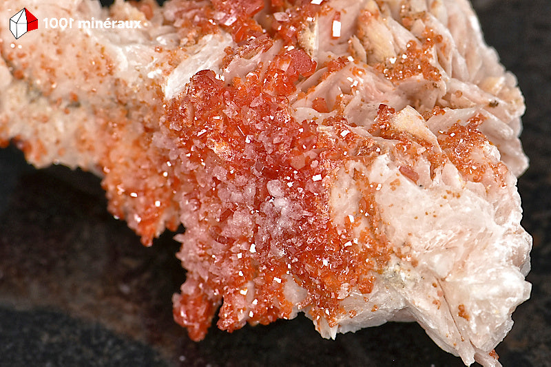 Vanadinite du Maroc - Détail des cristaux hexagonaux orange vif et crêtes de Barytine - 82 g