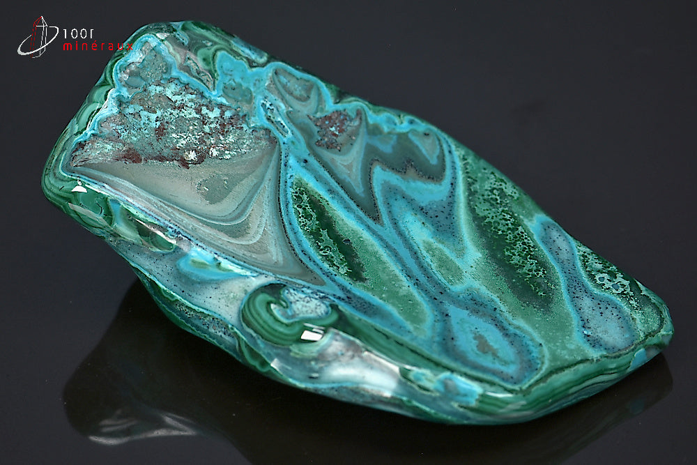Malachite sur Chrysocolle polie RDC - Vue de profil, épaisseur 2,2 cm - 155 g
