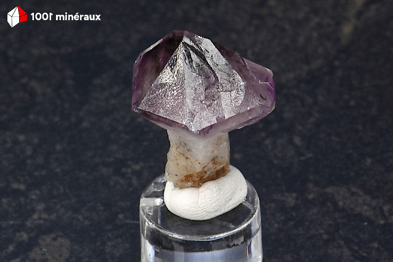 Améthyste sceptre de Madagascar - Cristal pourpre translucide sur pied blanc, présenté sur socle - 6 g - BH702
