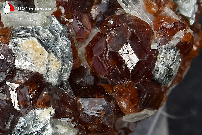 Spessartite du Pakistan - Détail des cristaux brun-orangé foncé aux nombreuses facettes brillantes - BH711
