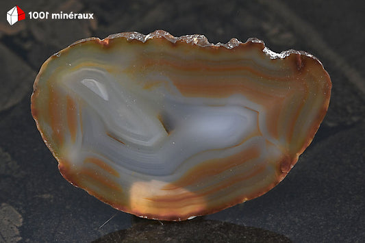 Tranche Agate naturelle Brésil - Forme ovoïde, fines bandes brun clair et foncé autour d'un centre translucide - 43 g - BH768

