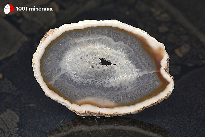 Tranche Agate naturelle Brésil - Forme ovoïde, bordure blanche et brune, vaste centre translucide et cœur cristallisé - 39 g - BH770
