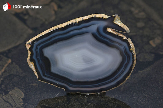 Tranche Agate teintée noire Brésil - Forme ovoïde, 2 bandes noires concentriques et centre translucide incolore - 37 g - BH771
