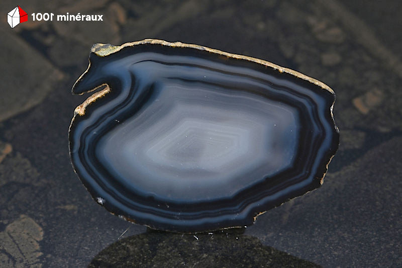 Tranche Agate teintée noire Brésil - Détail du contraste entre les bandes noires et le centre translucide - 37 g
