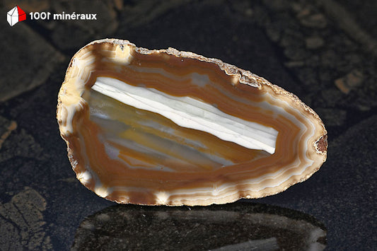 Tranche Agate naturelle Brésil - Bordure beige et brune, bandes rectilignes blanc, brun et translucide au centre - 37 g - BH773
