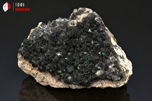 Minéral cristallisé de quartz morion et torbernite de France