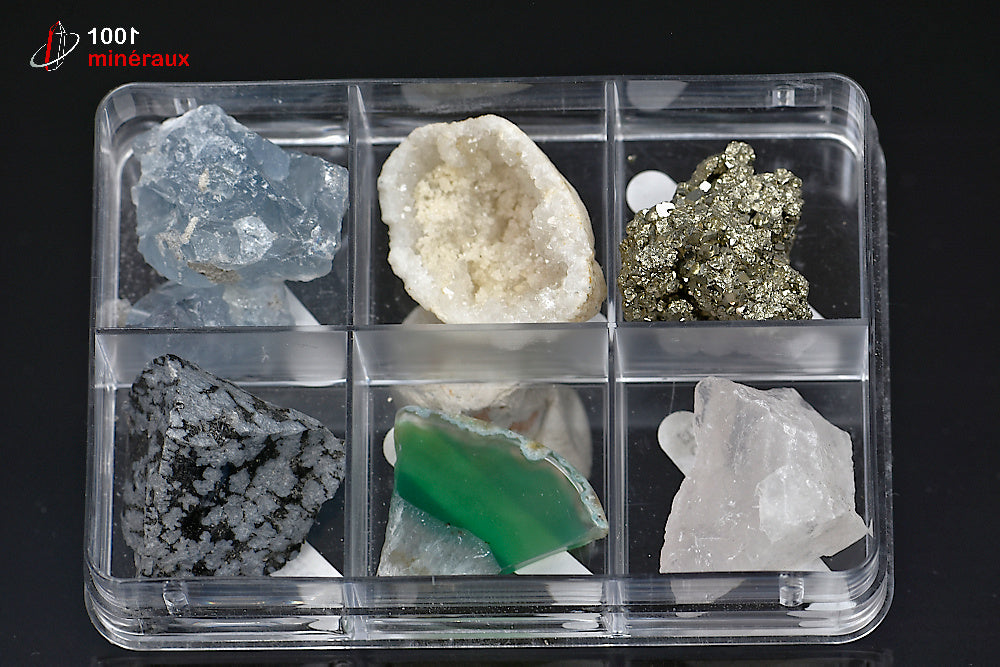 Coffret découverte 6 minéraux - Quartz rose, Agate, Obsidienne, Pyrite, Géode de Quartz, Célestine - BJ611