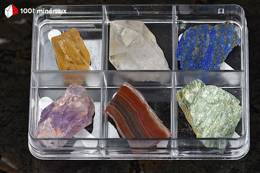 Coffret découverte 6 minéraux - Citrine, Quartz, Lapis-lazuli, Améthyste, Agate, Fuchsite - BJ620