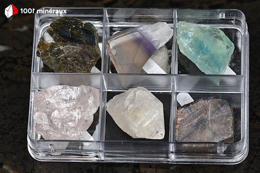 Coffret découverte 6 minéraux - Labradorite, Agate, Fluorine verte, Quartz rose, Quartz, Chiastolite - BJ621