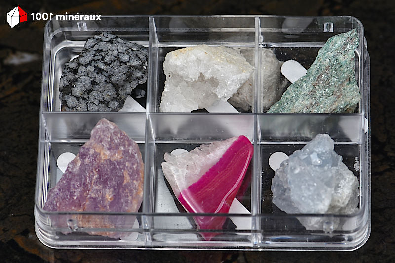 Coffret découverte 6 minéraux - Célestine, Agate, Améthyste, Fuchsite, Quartz, Obsidienne flocons de neige - BJ623