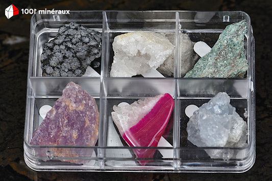 Coffret découverte 6 minéraux - Célestine, Agate, Améthyste, Fuchsite, Quartz, Obsidienne flocons de neige - BJ623