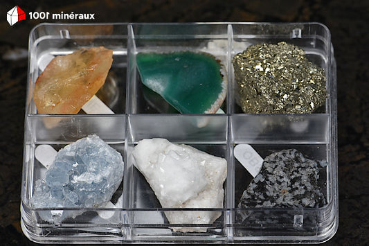 Coffret découverte 6 minéraux - Citrine, Agate, Pyrite, Célestine, Quartz, Obsidienne flocons de neige - BJ624