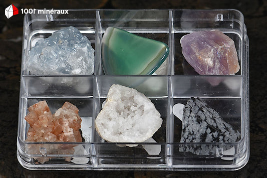 Coffret découverte 6 minéraux - Célestine, Agate, Améthyste, Aragonite, Géode de Quartz, Obsidienne flocons de neige - BJ626