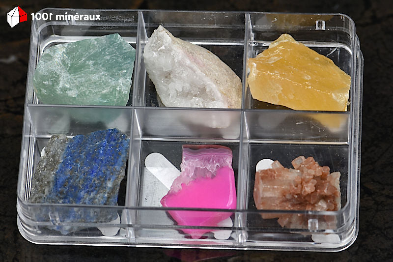 Coffret découverte 6 minéraux - Fluorine verte, Géode de Quartz, Calcite jaune, Lapis-lazuli, Agate, Aragonite - BJ628