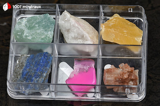 Coffret découverte 6 minéraux - Fluorine verte, Géode de Quartz, Calcite jaune, Lapis-lazuli, Agate, Aragonite - BJ628