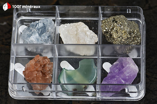 Coffret découverte 6 minéraux - Célestine, Quartz, Pyrite, Aragonite, Agate, Améthyste - BJ629