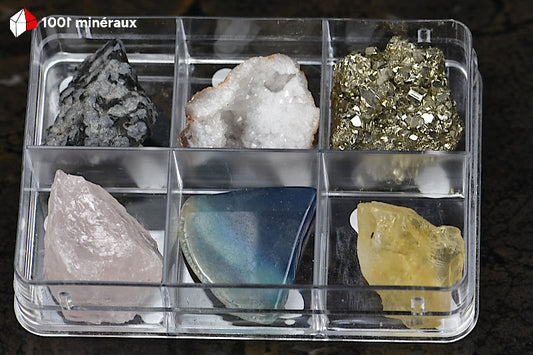 Coffret découverte 6 minéraux - Obsidienne flocons de neige, Quartz, Pyrite, Quartz rose, Agate, Citrine - BJ630