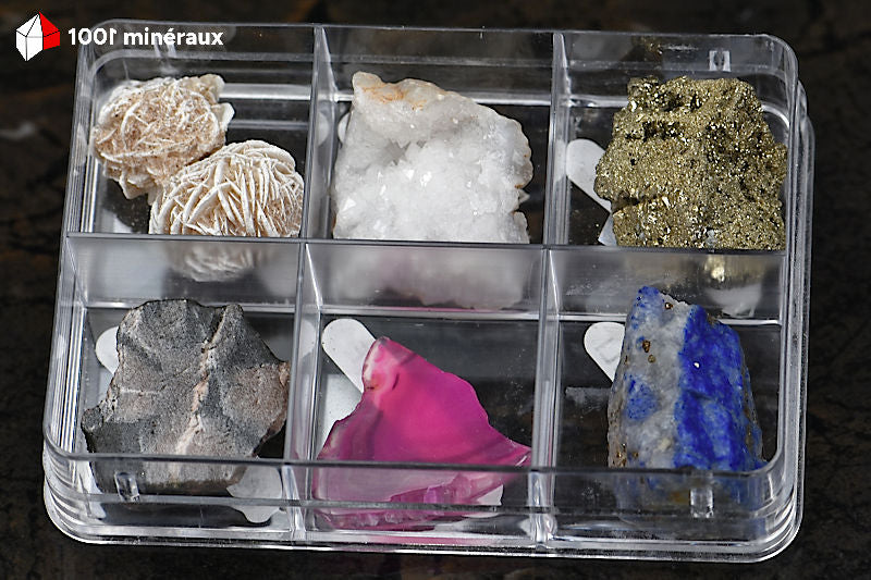 Coffret découverte 6 minéraux - Rose des sables, Quartz, Pyrite, Chiastolite, Agate, Lapis-lazuli - BJ631