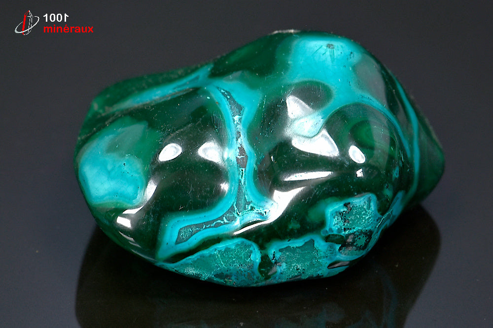 Malachite sur Chrysocolle polie RDC - Vue de profil, épaisseur 3,6 cm - 235 g - BJ974
