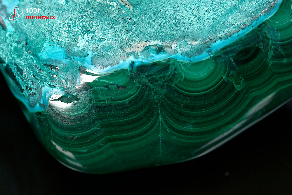Malachite sur Chrysocolle polie RDC - Détail cercles concentriques bleus de la Chrysocolle - 235 g
