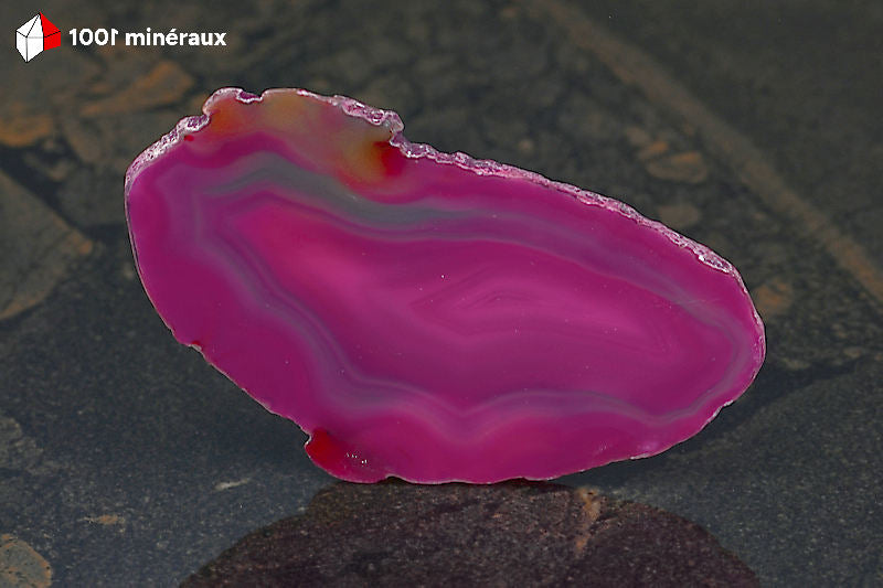 Tranche Agate teintée rose Brésil - Détail des bandes concentriques tricolores en lumière transmise - 31 g
