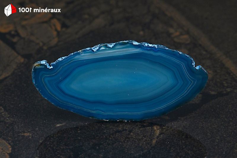 Tranche Agate teintée bleue Brésil - Détail des fines bandes périphériques bleu clair et bleu foncé - 26 g
