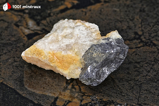 Galène sur Quartz du Maroc - Vue d'ensemble de l'association Galène et Quartz blanc - 6,8 x 4,2 x 2,2 cm - BL85
