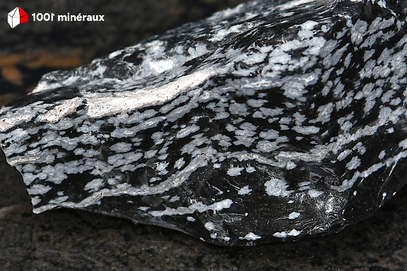 Obsidienne flocons de neige du Mexique - Détail des taches de cristobalite blanche sur fond noir - 54 g
