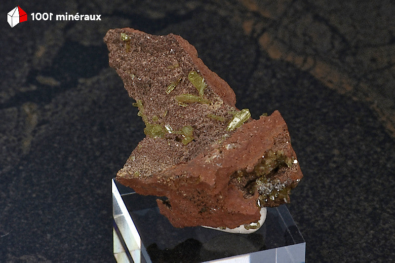 Adamite de Mapimí - Cristaux allongés vert-jaune translucides sur Limonite brun-rouge - BM262

