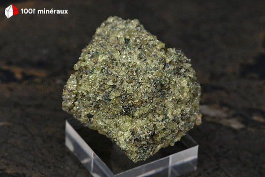 Péridot sur basalte USA - Vue d'ensemble, cristaux vert-jaune translucides sur roche volcanique - 64 g - BM267
