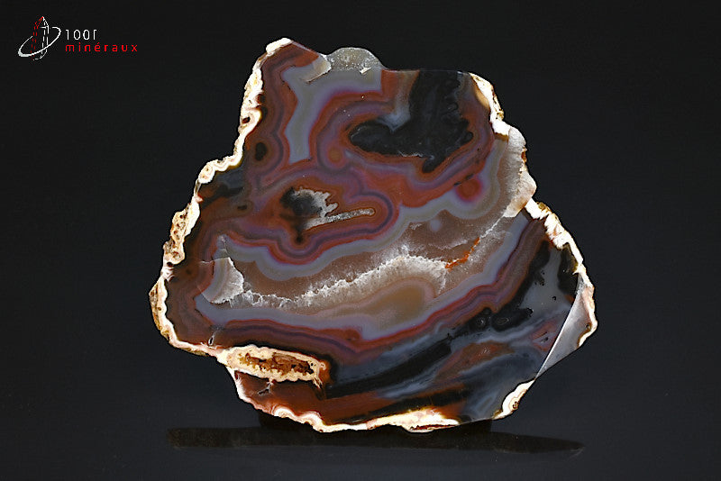 Grande tranche Agate Brésil - Zonation concentrique rouge-brun, gris et noir - 268 g - BM554
