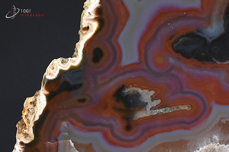 Grande tranche Agate Brésil - Détail des bandes rouge-brun et gris en lumière transmise - 268 g
