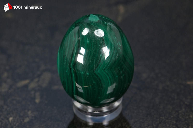Malachite polie en œuf RDC - Face cercles concentriques vert clair, vue sur socle - 144 g
