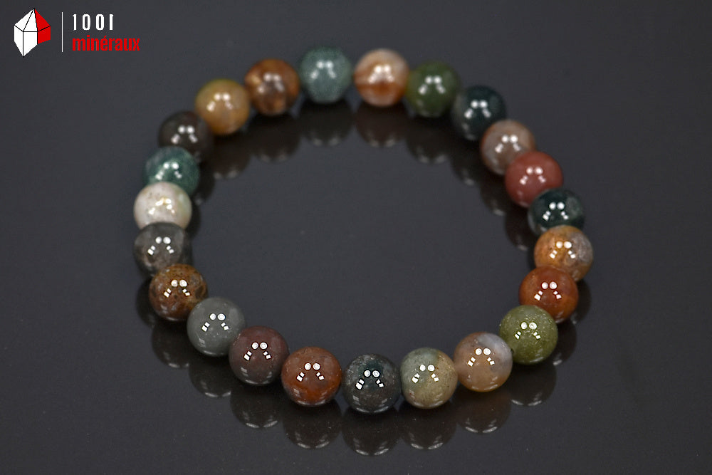 Bracelet élastique Agate naturelle - Perles 8 mm multicolores gris, blanc, noir, vert, brun et rouge - 16 cm - BN78
