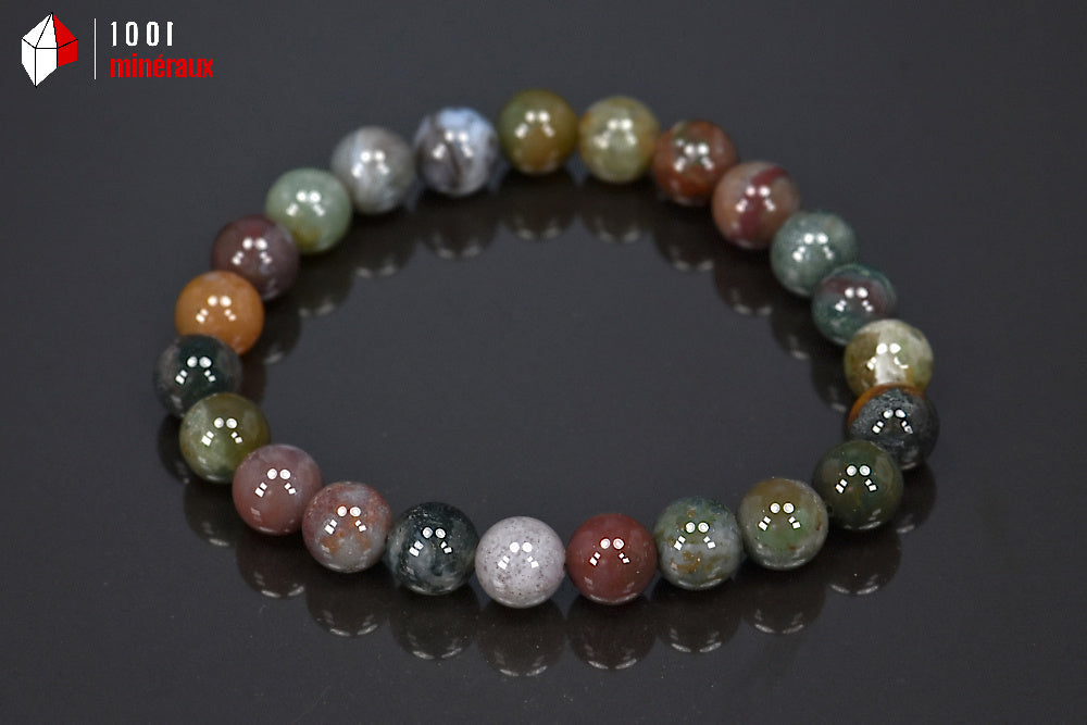 Bracelet élastique Agate naturelle - Perles 8 mm multicolores gris, blanc, noir, vert, brun et rouge - 16 cm - BN80
