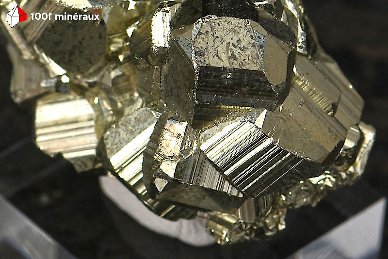 Pyrite cristallisée Pérou - Détail des cristaux dodécaédriques aux faces courbes dorées - 31 g
