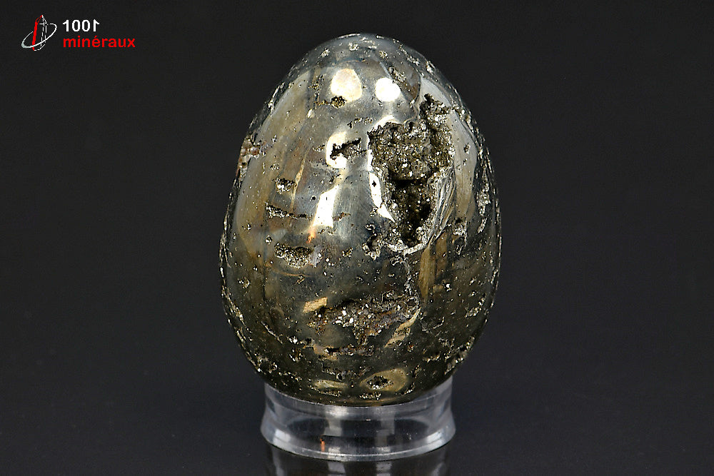 Œuf Pyrite polie Pérou - Vue d'ensemble sur socle, 6,3 x 4,6 cm - 306 g - BP47
