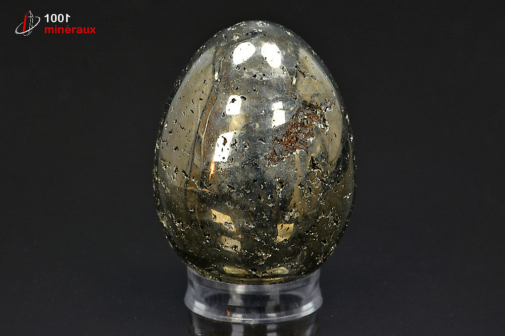 Œuf Pyrite polie Pérou - Vue de profil sur socle fourni - 306 g - BP47
