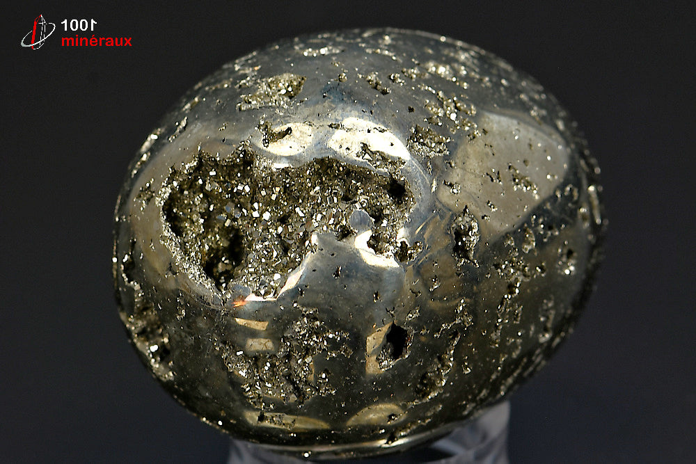 Œuf Pyrite polie Pérou - Détail des cavités naturelles préservées - 306 g
