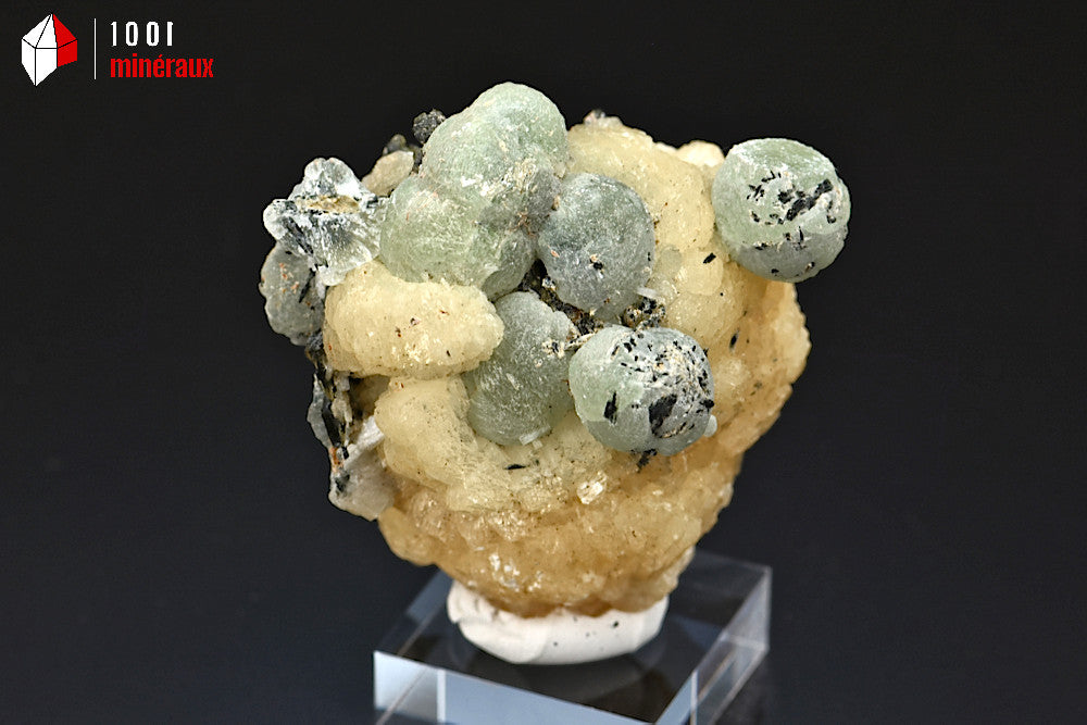 Minéral cristallisé de prehnite verte ronde sur stilbite avec épidote du Mali
